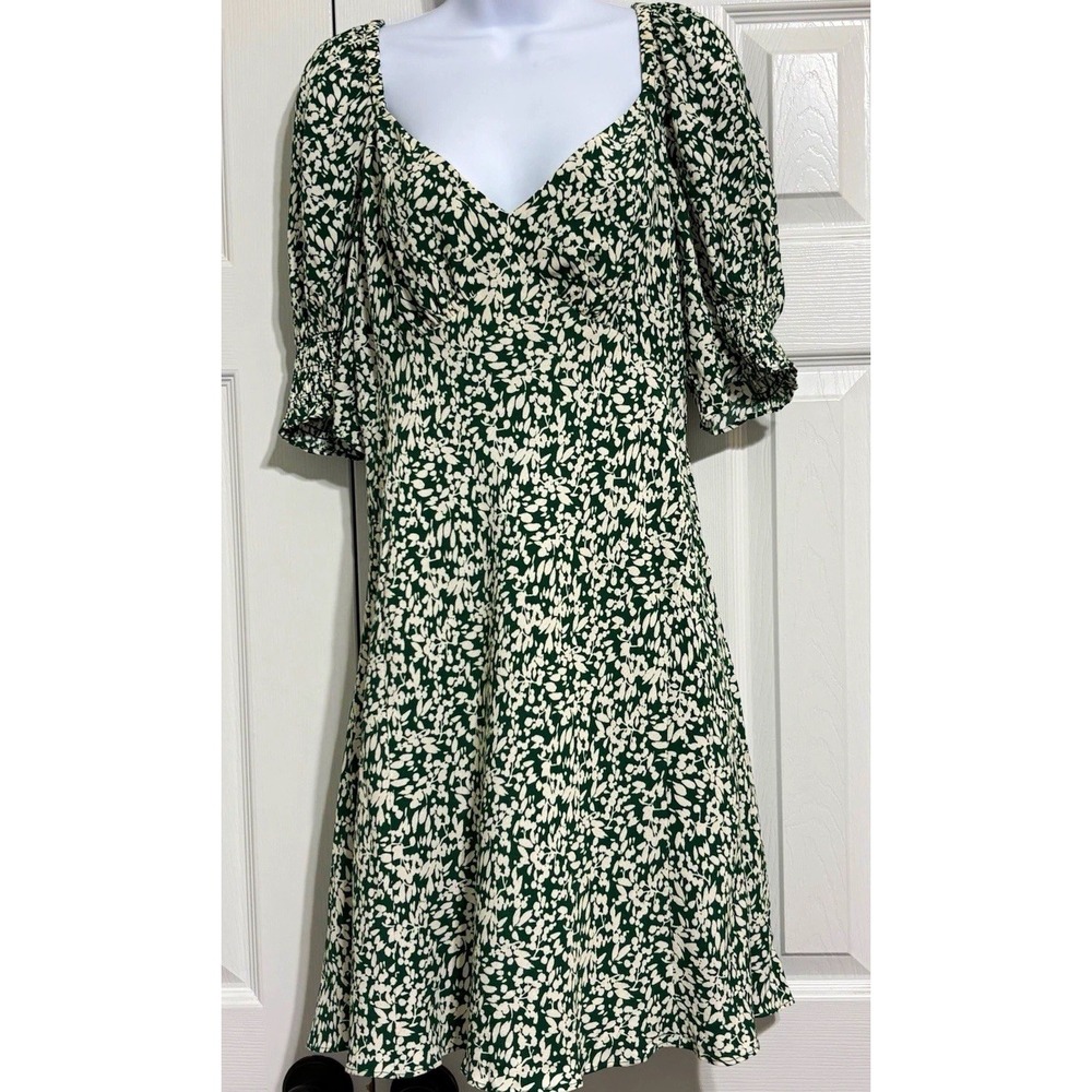 Madewell Green White Floral Smocked Puff Sleeve Sweetheart A-Line Dress size 10